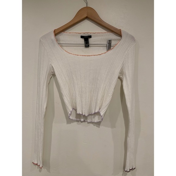 Y2K Forever 21 Ribbed Crop Top White Coquette Lettuce Hem Long Sleeve Baby Tee M - Picture 4 of 9